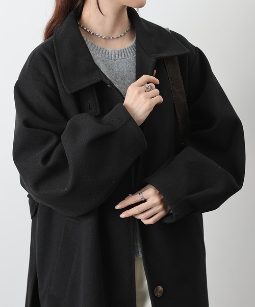 23区 ロングコート ウール アンゴラ ベルト Aライン 黒 40 ステンカラー TALLサイズ 〕 アンゴラウール スタンドステンカラーコート（76-15WI04