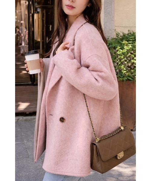 ダブルボタン ロングコート ピンク コート チェスターコート ウエストマークダブルボタンチェスターコート