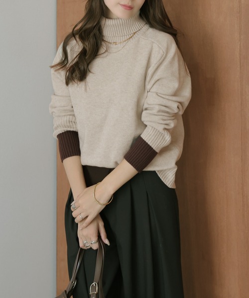 ニット セーター 袖口バイカラータートルネックニット レディース