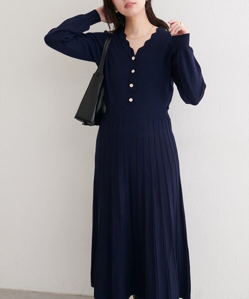 新品✨】特価✨】romile プリーツニットワンピース　ネイビー natural couture ワンピース スカラッププリーツニットワンピース