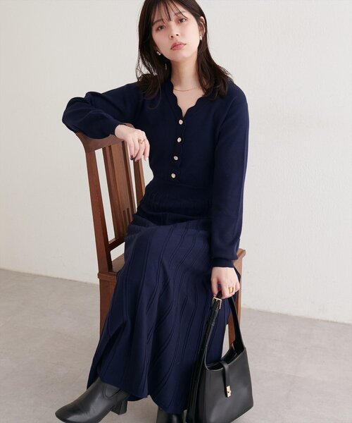 natural couture ワンピース スカラッププリーツニットワンピース