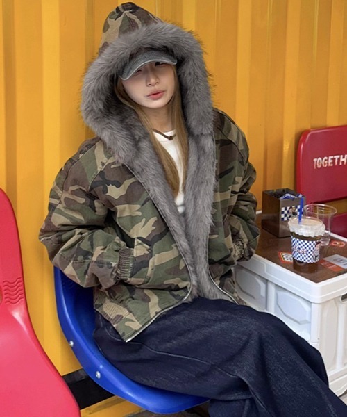 迷彩柄ファー付きオーバーサイズジャケット 迷彩柄ファー付きオーバーサイズジャケット 迷彩柄ファー ダウン