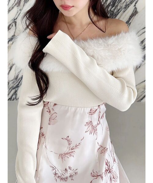 極美品✨イヴサンローラン ラメ ワンピース 上質ニット 花柄 M MERCURYDUO（マーキュリーデュオ） ワンピース 花柄オフショルニット