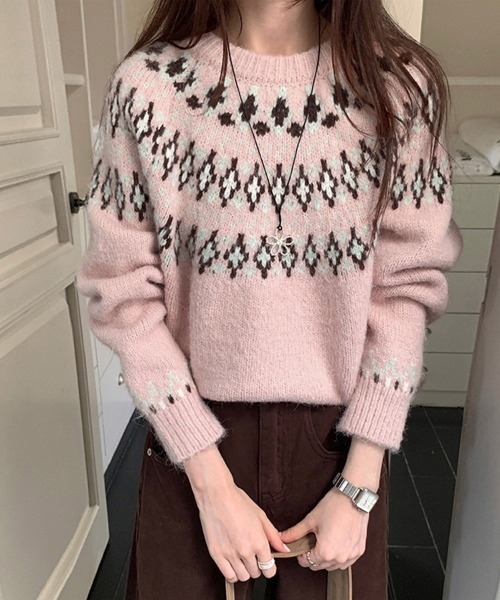 ヴィンテージ　ノルディック　ピンクライン　ニット C15 ヴィンテージ ノルディック ピンクライン ニット C15 - メルカリ