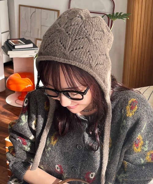 ニット帽 ニットキャップ かぎ編み フードニットキャップ レディース 