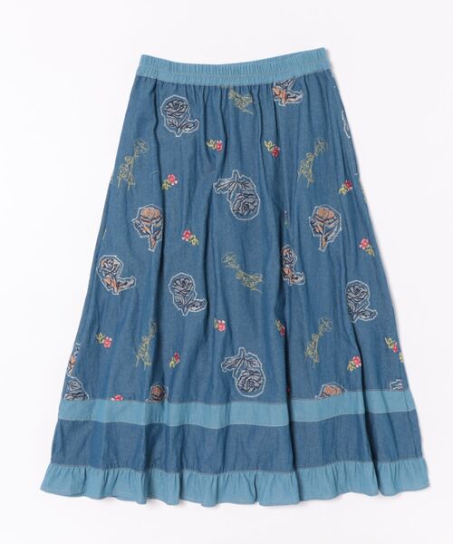 【NEW】スーパーハッカ（SUPER HAKKA）/ライトオンスデニム ローズスケッチ刺繍スカート(裏地無し) SUPER HAKKA（スーパーハッカ） スカート ライトオンスデニム ローズ