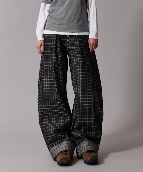 Roma　　チェック柄切り替え デニムパンツ インディゴ　swag y2k CIVVY. ジーンズ Roll-Up Check Denim - ロールアップチェックデニム