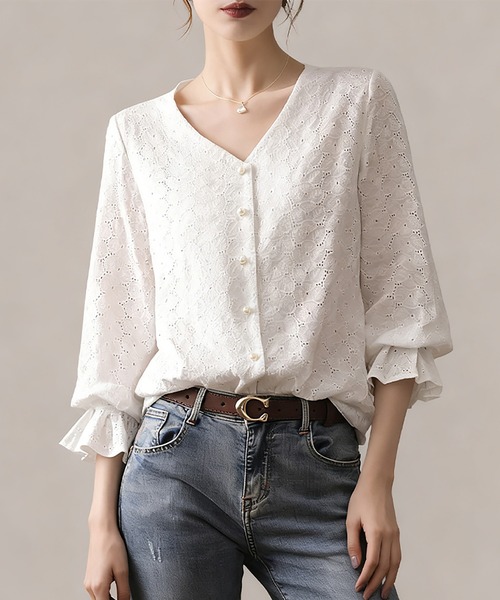 BLAMINK 17万 24A/W レースVネックブラウス ブラウス シャツ Vネックレースブラウス レディース : ZOZOTOWN Yahoo