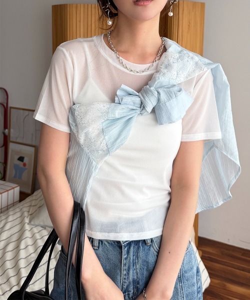 rosymonsterチュール半袖トップス tシャツ 半袖 半袖チュール メッシュシアートップス レディース