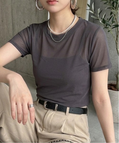 rosymonsterチュール半袖トップス tシャツ 半袖 半袖チュール メッシュシアートップス レディース