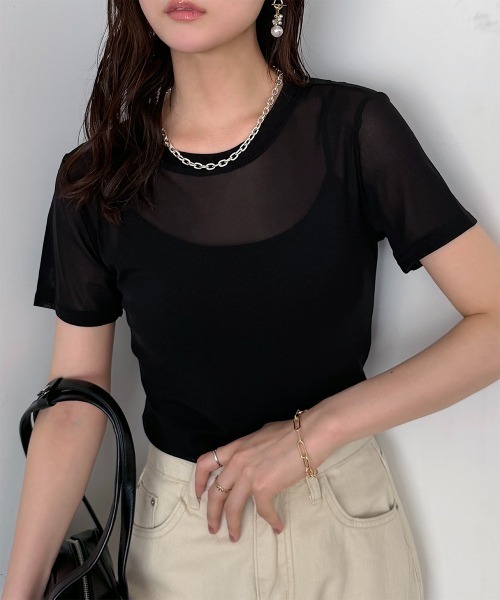 tシャツ 半袖 半袖チュール メッシュシアートップス レディース