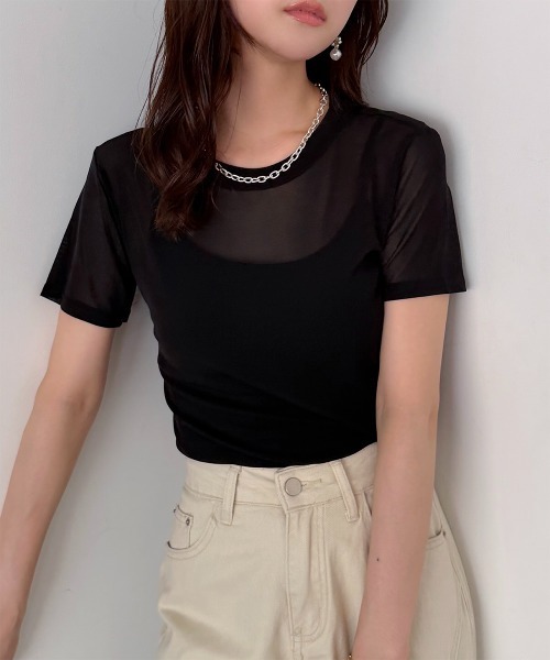 tシャツ 半袖 半袖チュール メッシュシアートップス レディース