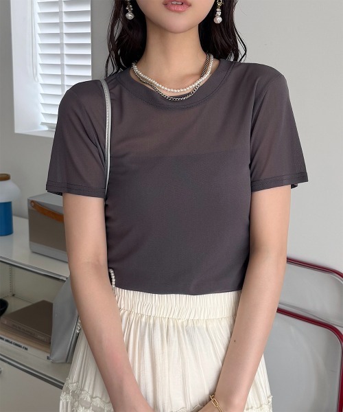 tシャツ 半袖 半袖チュール メッシュシアートップス レディース