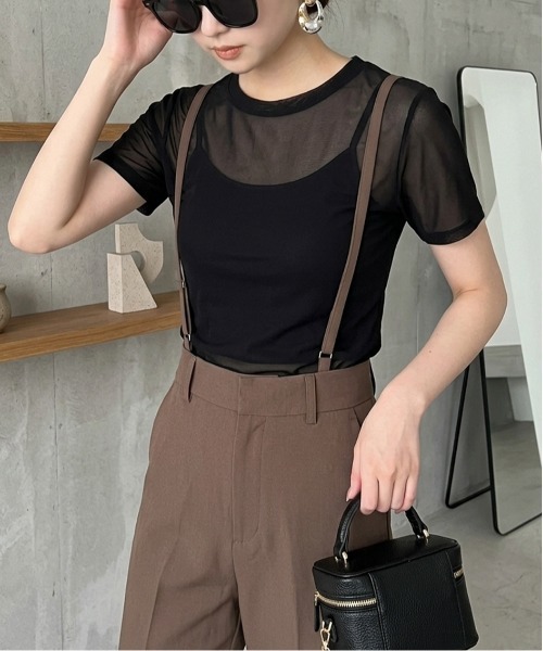 tシャツ 半袖 半袖チュール メッシュシアートップス レディース