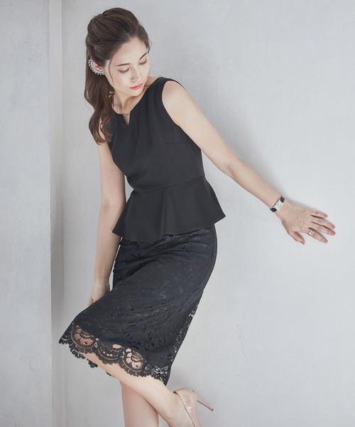 パーティードレス　ワンピース　ドレス　ワンピ　結婚式　二次会　2次会　ノースリーブ　お呼ばれ　パーティー　ミニ　膝丈　フォーマル　ひざ丈　レディース　食事会 上品　ブラック　黒 DRESS+（ドレスプラス） ドレス パーティードレス 結婚式 披露宴