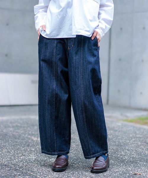 ワイドパンツ ジーンズ デニム デニムパンツ 「D.M.G. / ディーエムジー」 10ozムラ糸デニム アーモンドパンツ レディースの画像