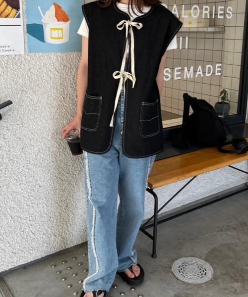 nemne（ネンネ） ベスト ジレ 夏 「 低身長サイズあり」デニムリボン