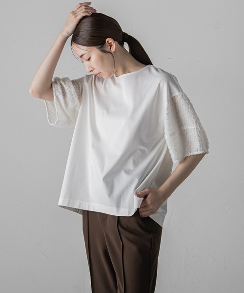 tシャツ 袖ジャガードポンチカットソー「洗濯機で洗える/接触冷感/紫外線防止」 レディース