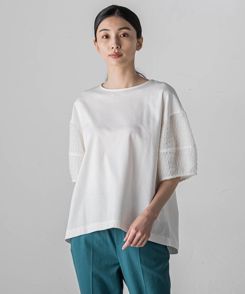 tシャツ 袖ジャガードポンチカットソー「洗濯機で洗える/接触冷感/紫外線防止」 レディース la.f tシャツ 袖ジャガードポンチカットソー「洗濯機で洗える