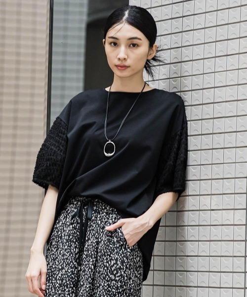 tシャツ 袖ジャガードポンチカットソー「洗濯機で洗える/接触冷感/紫外線防止」 レディース la.f tシャツ 袖ジャガードポンチカットソー「洗濯機で洗える