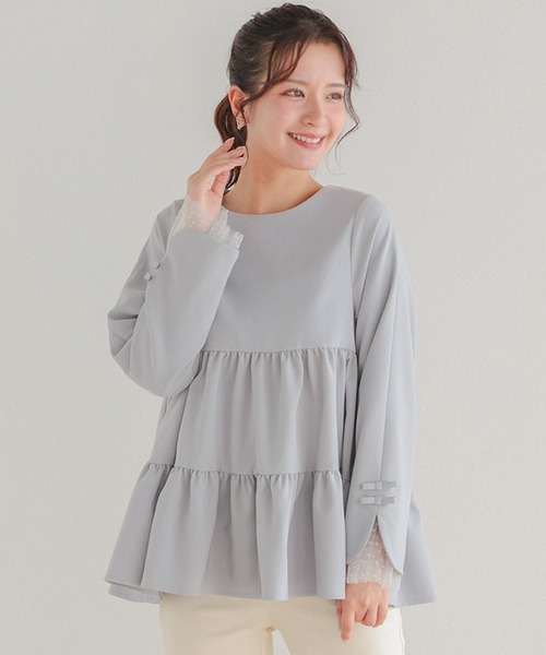 Fit more（フィットモア） 袖リボンドットチュールティアードトップス