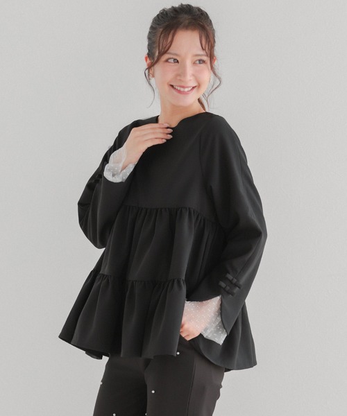 Fit more（フィットモア） 袖リボンドットチュールティアードトップス