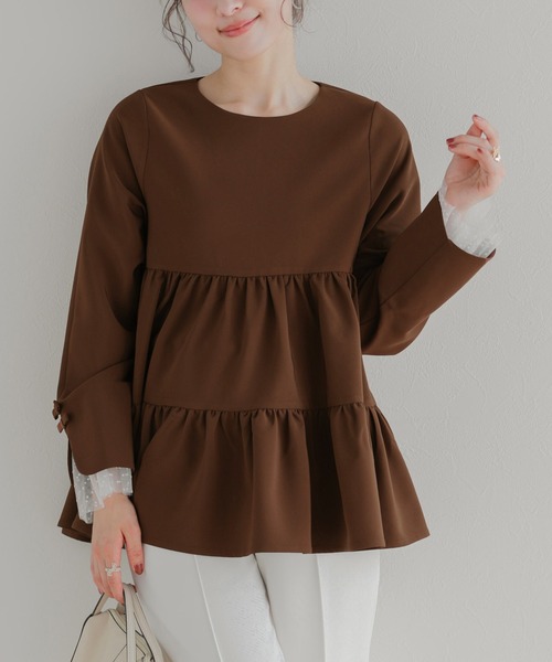 Fit more（フィットモア） 袖リボンドットチュールティアードトップス