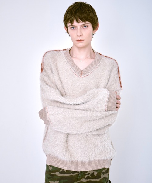 [送料込] soft wool V-neck KNIT Women's Wired Knit Sweater V-Neck Pullover Long Sleeve