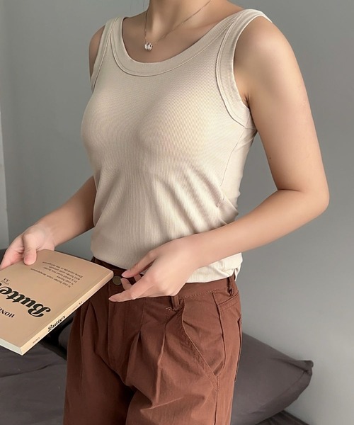 タンクトップ ノースリーブ Round neck tanktop  ラウンドネックタンクトップ レディース LOWO タンクトップ ノースリーブ カップ付きラウンドネック