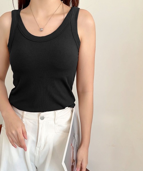 タンクトップ ノースリーブ Round neck tanktop  ラウンドネックタンクトップ レディース LOWO タンクトップ ノースリーブ カップ付きラウンドネック
