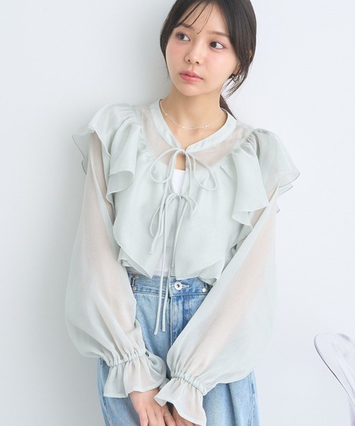 earth music&ecology ブラウス シャツ シアーラッフルショート