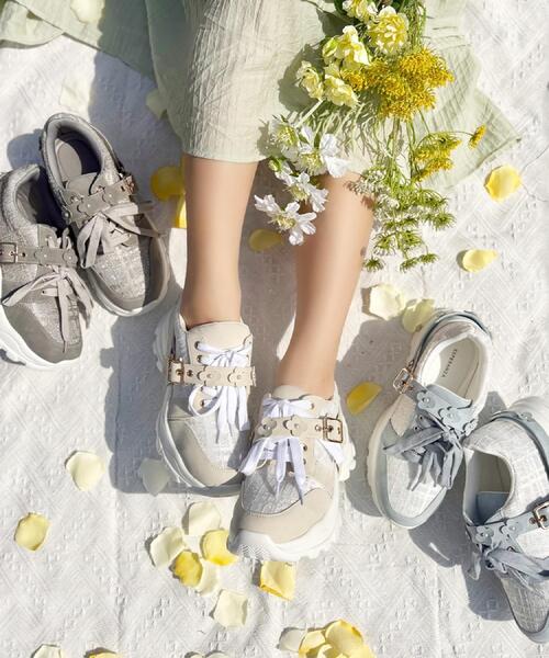 靴 marguerite ESPERANZA（エスペランサ） スニーカー ツイード風フラワーベルト厚底