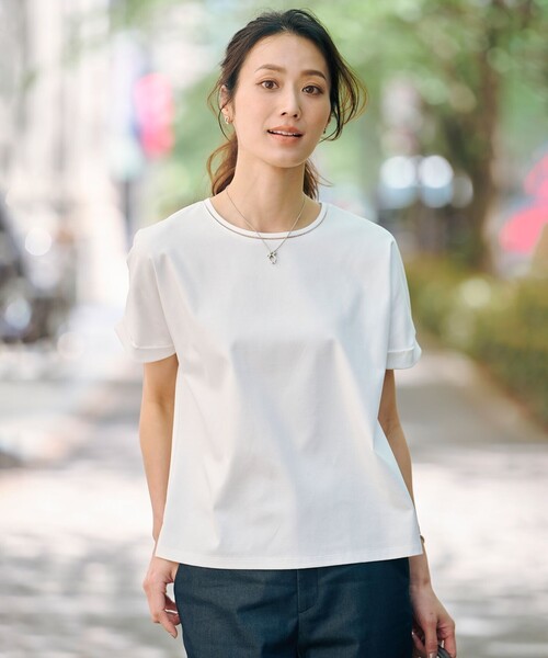 tシャツ 「WEB限定カラーあり・洗える」コットンスムース ハシゴレース カットソー レディース