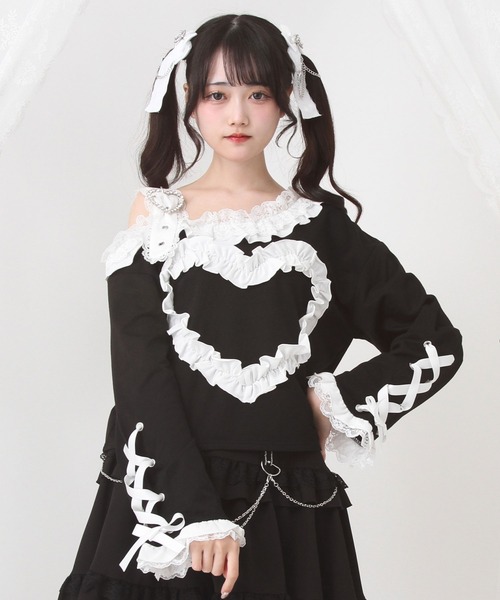DearMyLove tシャツ ワンショルダーハートレースフリルTシャツ
