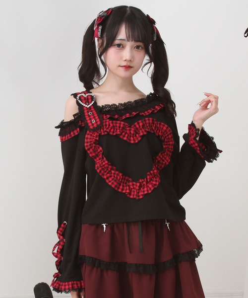 tシャツ ワンショルダーハートレースフリルTシャツ レディース