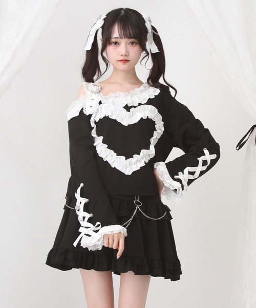 DearMyLove tシャツ ワンショルダーハートレースフリルTシャツ