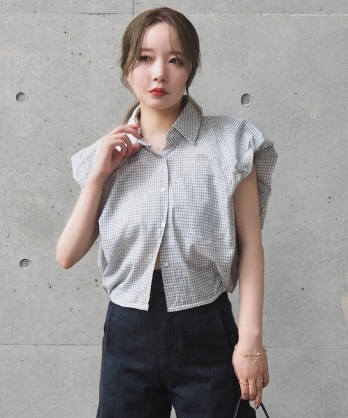 ブラウス シャツ cotton check power shoulder shirt /コットン
