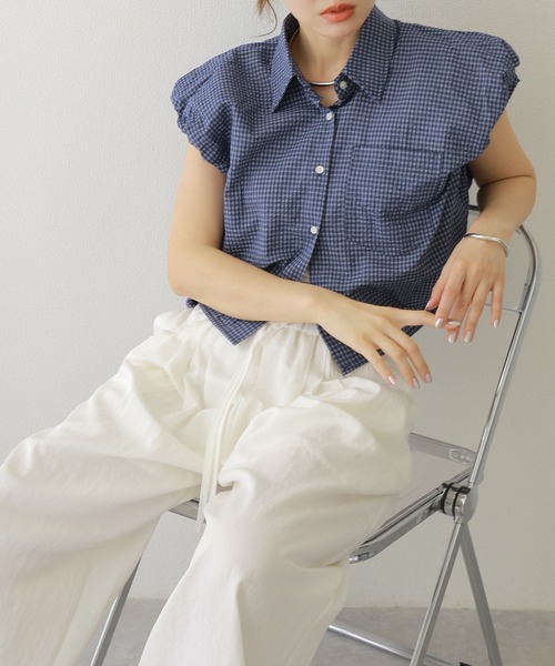ブラウス シャツ cotton check power shoulder shirt /コットン