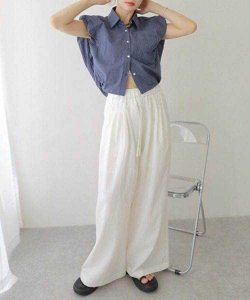 ブラウス シャツ cotton check power shoulder shirt /コットン