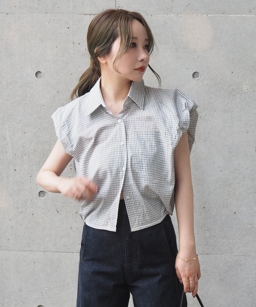パワーショルダーブラウス　ノースリーブブラウス ブラウス シャツ cotton check power shoulder shirt /コットン