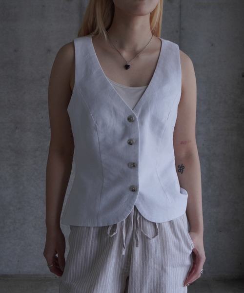 ベスト ジレ Linen blend tailored vest レディース