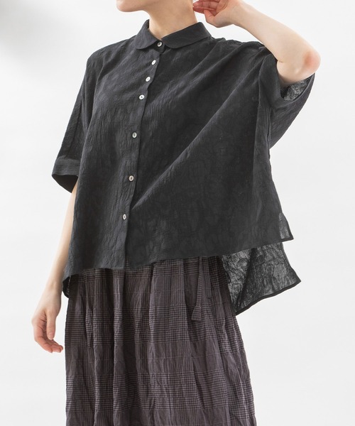 【美品】nop de nod リネンチェックブラウス 半袖 ブラック nop de nod（ノップドゥノッド）の「コットンリネンパネル