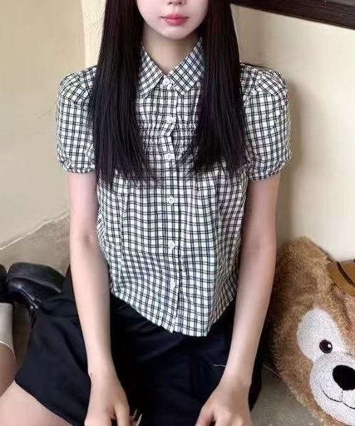 新品未使用　gasa*grue パフブラウス チェック 半袖 Sibra（シブラ） tシャツ 半袖 パフ袖チェックシャツブラウス