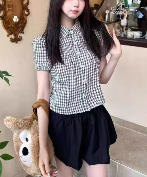 Sibra（シブラ） tシャツ 半袖 パフ袖チェックシャツブラウス