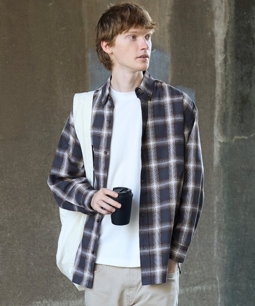 coca（コカ） シャツ ポリエステルチェック長袖シャツ メンズ