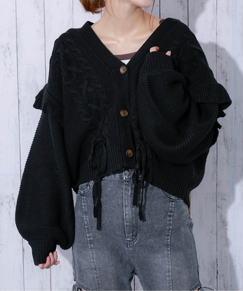 カーディガン 「レースアップ×袖フリル」レディース ニット