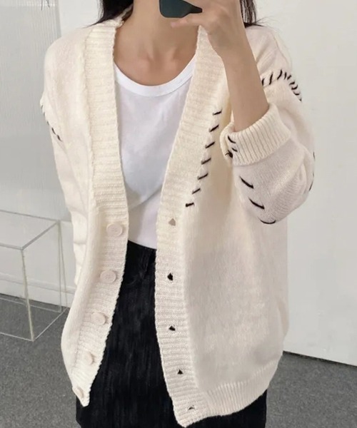 ReRe カーディガン ステッチ入りVネックカーディガン レディース