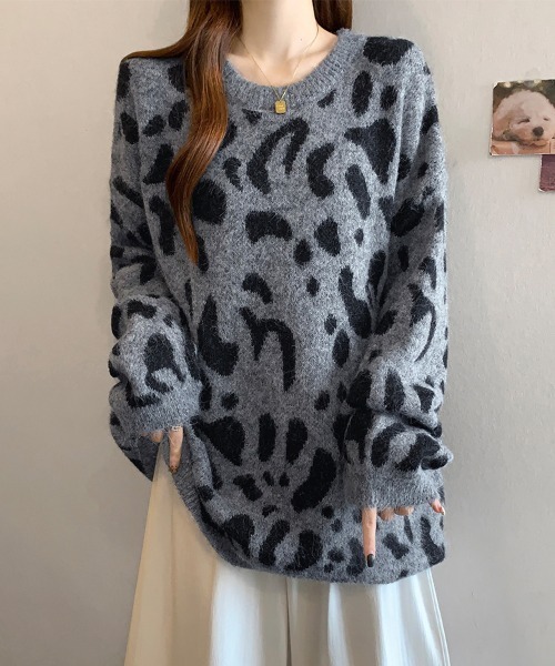 ニット セーター レオパード柄シャギーニットトップス レディース