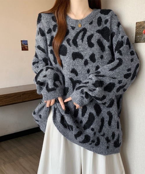 ニット セーター レオパード柄シャギーニットトップス レディース