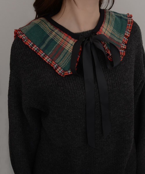 familiar チェック柄 つけ襟 S グリーン つけ襟 付け襟 スクエア チェック柄 レトロ レディース ツケエリ 女性